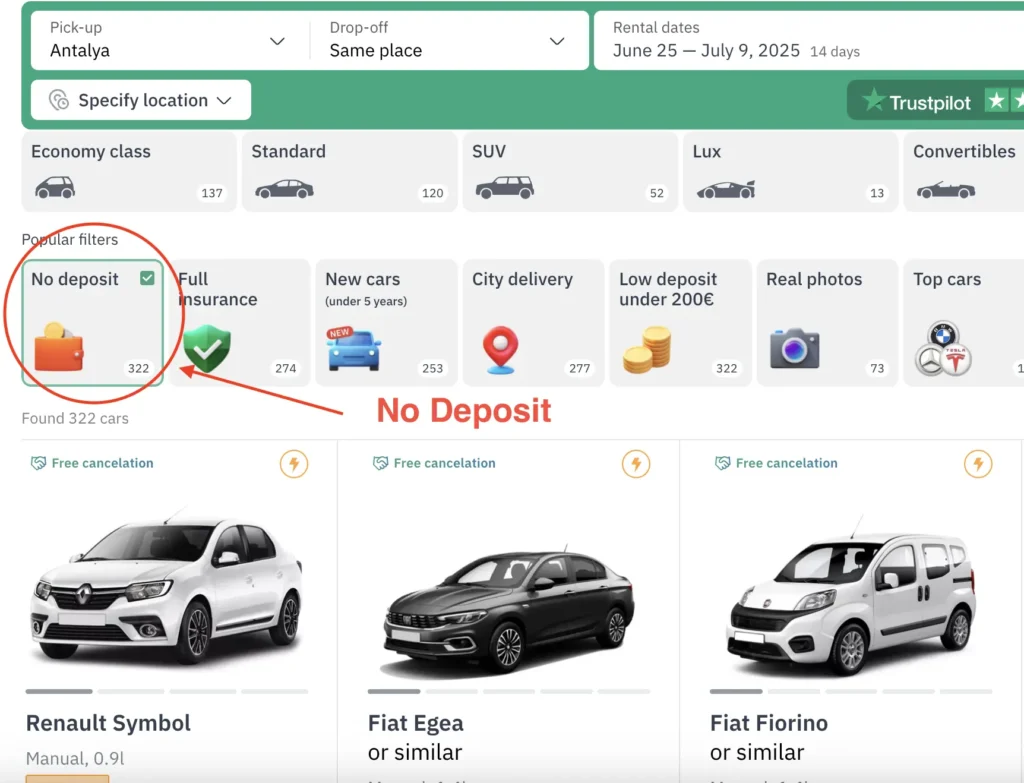 rental car antalya no deposit